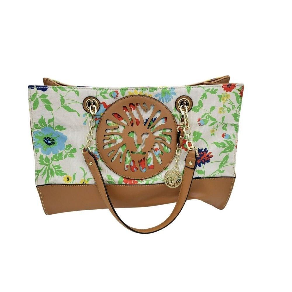 Anne Klein Leo Legacy III Floral Lion Logo Shoulder Tote Bag, Faux Tan Leather